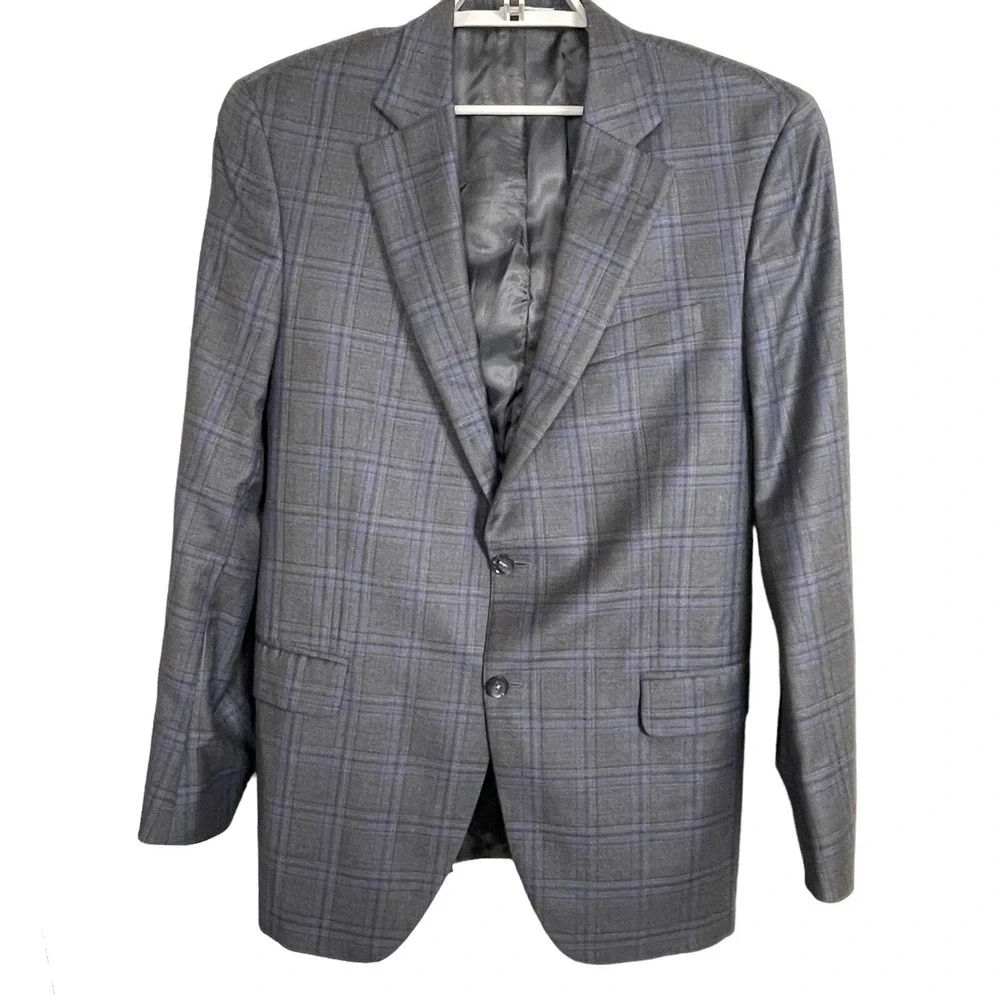 Peter Millar Wool Sharkskin Gray Blue Plaid Sports‎ Coat 44T Blazer